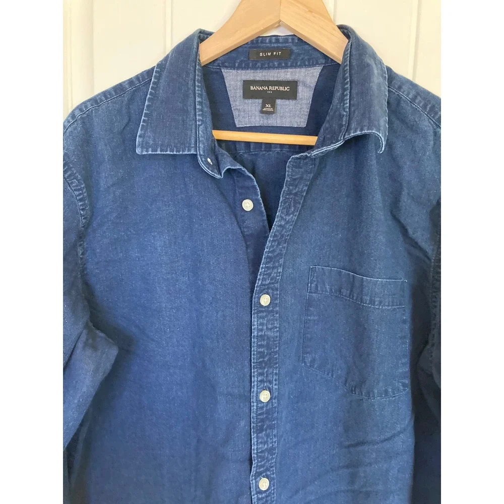 Banana Republic Mens Slim Fit Denim Shirt Indigo Blue Cotton XL RN 54023